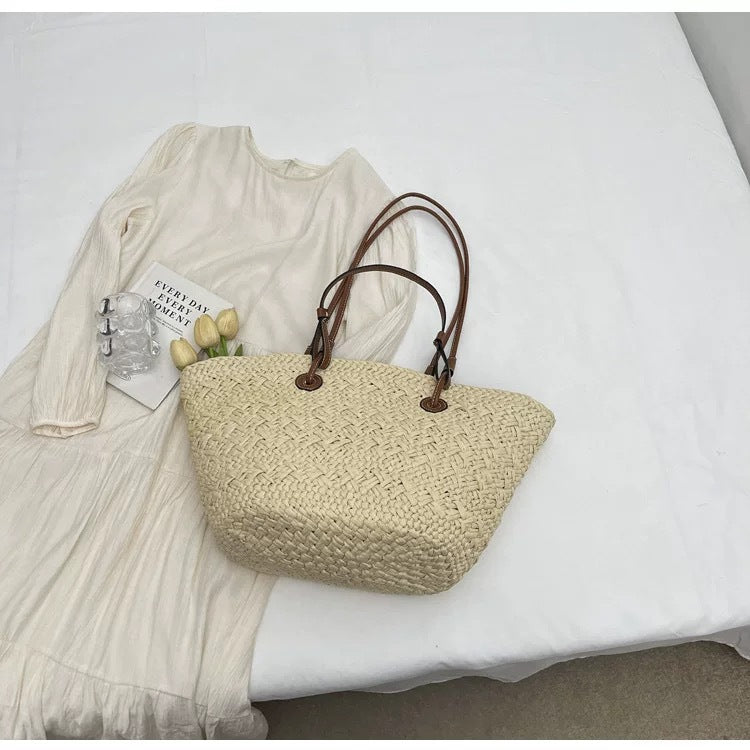 Liora — Handcrafted Straw Beach Bag with Adjustable Faux Leather Handles