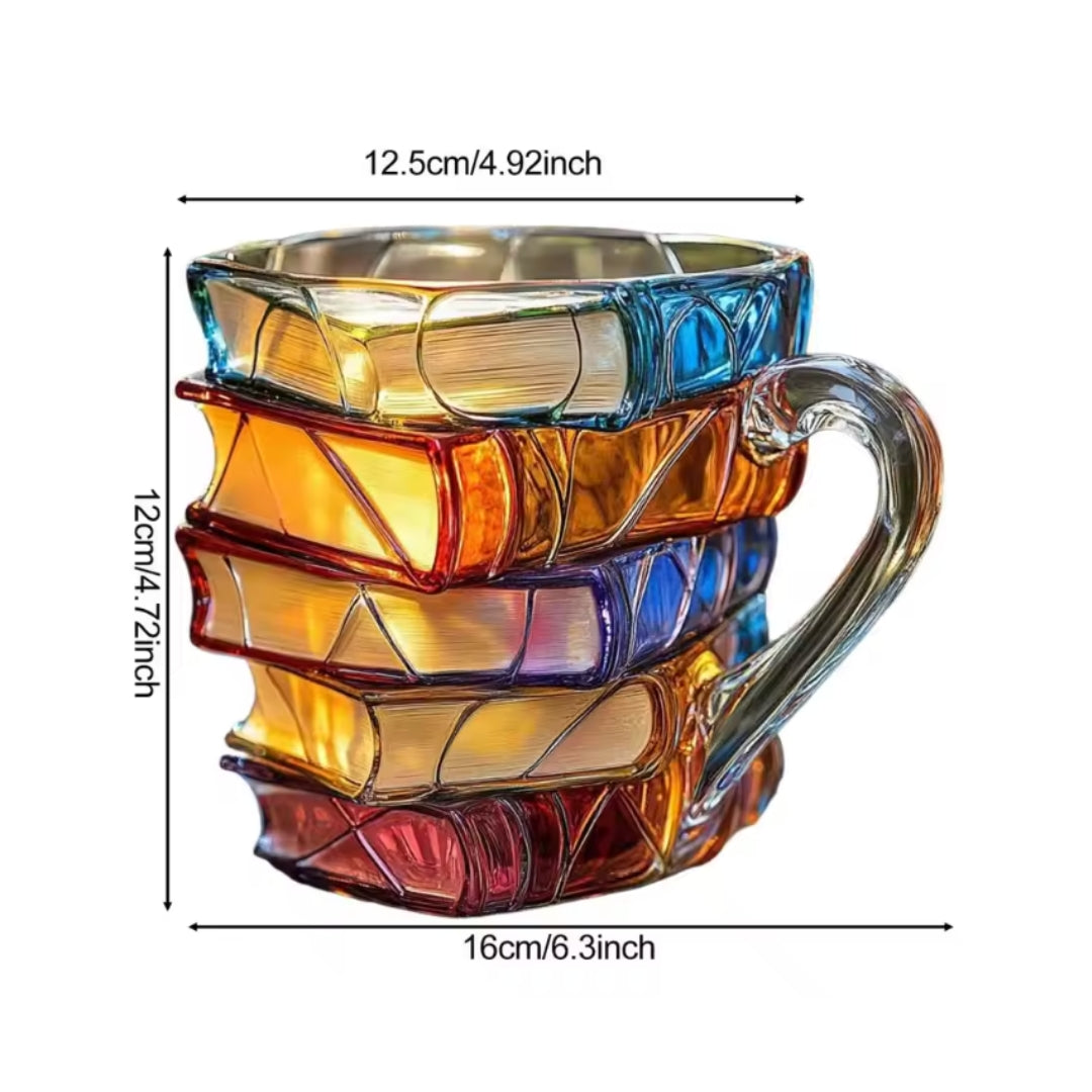 Aleron — 3D Acrylic Book Stack Coffee Mug with Stained-Glass Design
