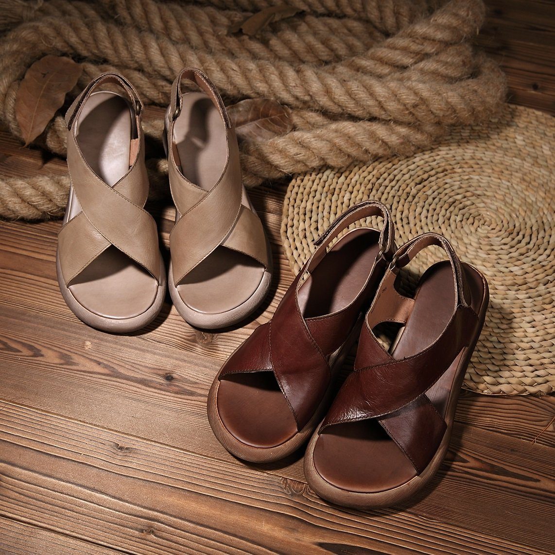 Kintara Wedge Sandals Khaki/Coffee Leather Platforms X-Strap Sandals