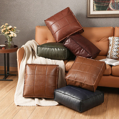 Liora Pouf — Moroccan Faux Leather Floor Cushion with Stitched Grid Design