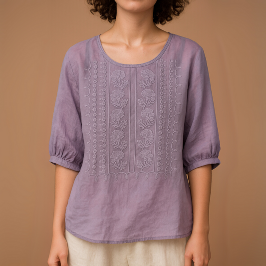 Liora — Lightweight Linen Shirt with Floral Knit and Flowing Fit