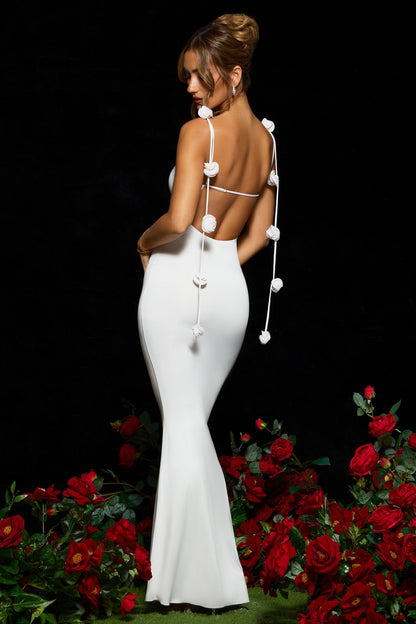 Evelin Rose — White Maxi Dress with Rose-Accent Straps for Summer Events
