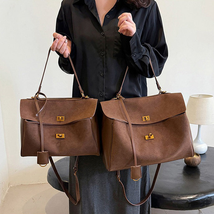 Liora Tote — Faux Suede Shoulder Bag with Turn Lock Closure