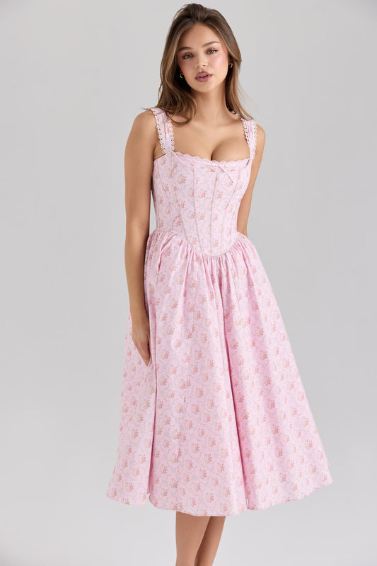 Elara Rose Dress — Pink Floral Midi Dress with Corset and Tulle Skirt