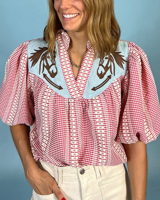 Lumea — Cotton Blend Puff Sleeve Top with Horse Embroidery