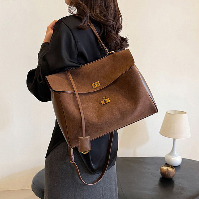 Liora Tote — Faux Suede Shoulder Bag with Turn Lock Closure