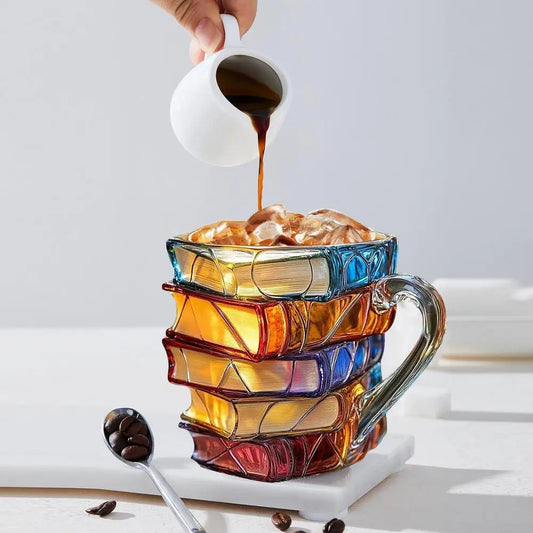 Aleron — 3D Acrylic Book Stack Coffee Mug with Stained-Glass Design