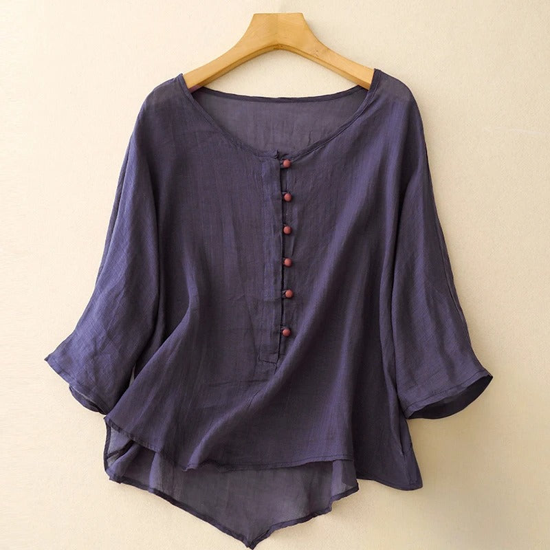 Norla — Lightweight Linen Blouse with Soft Pleats and Fabric Buttons