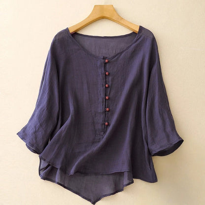 Norla — Lightweight Linen Blouse with Soft Pleats and Fabric Buttons