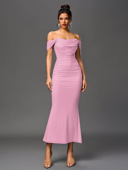 Vexira Off Shoulder Ruched Zipper Back Bodycon Dress