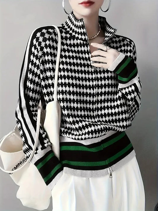 Zevran — Houndstooth Knit Sweater with Full Zip and High Collar