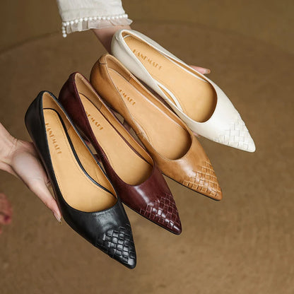 Emara Woven Leather Pumps — Genuine Leather Pointed Toe with Comfortable Wedge Heel