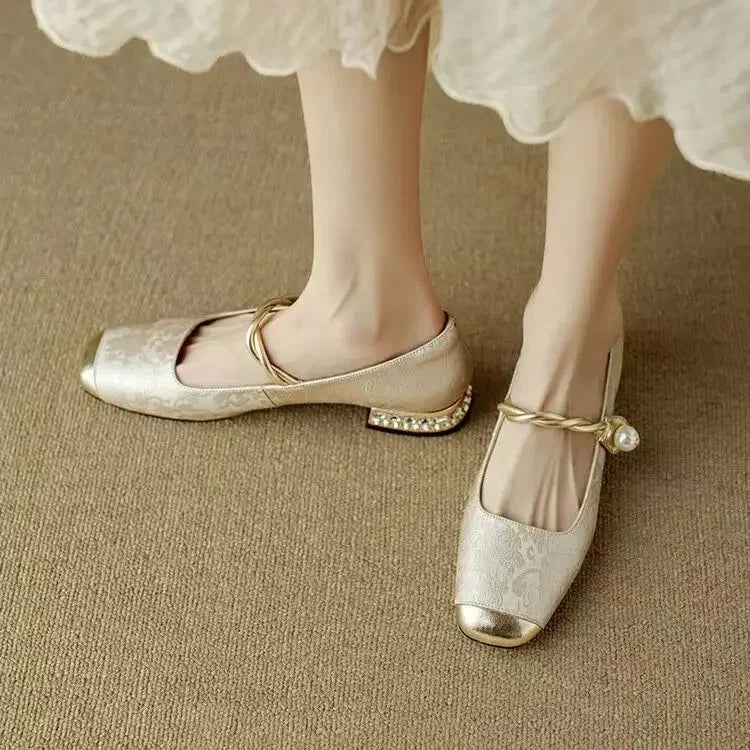 Aloria Silk Pumps — Vintage Style with Pearl Strap and Low Heel
