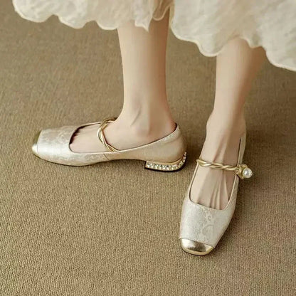 Aloria Silk Pumps — Vintage Style with Pearl Strap and Low Heel