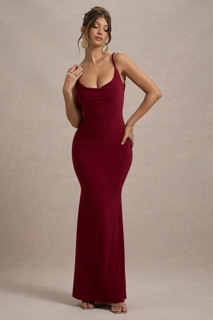 Evrenna — Elegant Lace-Back Cowl Neck Maxi Dress for Formal Events