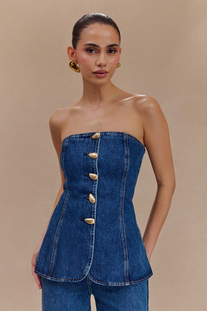 Veltrix Strapless Long Line Button Top - Dark Blue