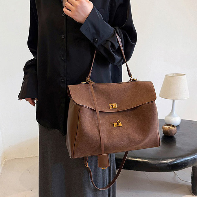 Liora Tote — Faux Suede Shoulder Bag with Turn Lock Closure
