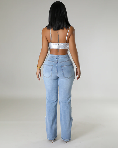 Norla — High-Waisted Pearl Embellished Stretch Jeans with Destroyed Finish