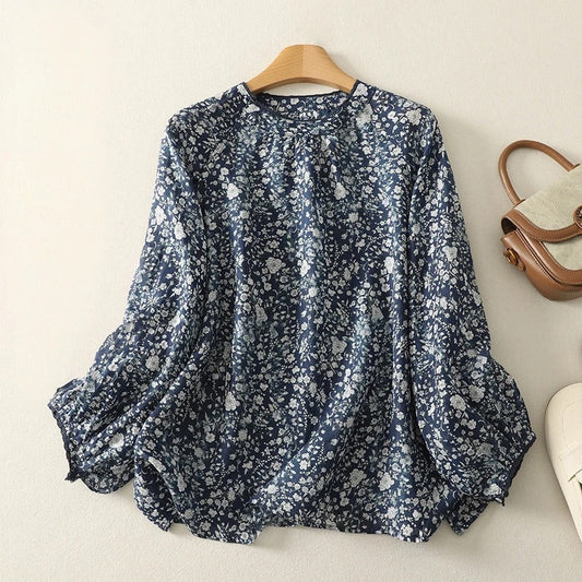 Sylvea Linen Blouse — Floral Print with Billowy Sleeves for Comfort
