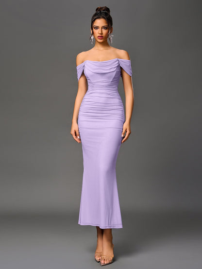 Vexira Off Shoulder Ruched Zipper Back Bodycon Dress