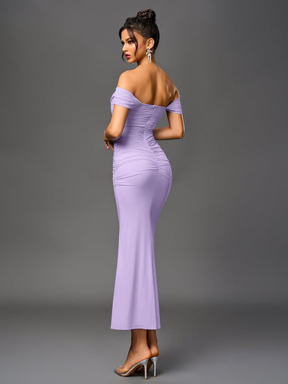 Vexira Off Shoulder Ruched Zipper Back Bodycon Dress