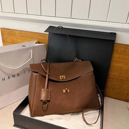 Liora Tote — Faux Suede Shoulder Bag with Turn Lock Closure