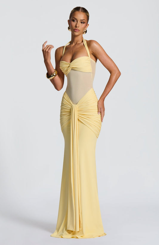 Liora — Sheer Mesh Bodycon Maxi Dress with Ruched Waist