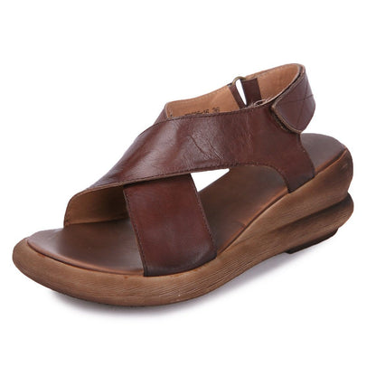 Kintara Wedge Sandals Khaki/Coffee Leather Platforms X-Strap Sandals