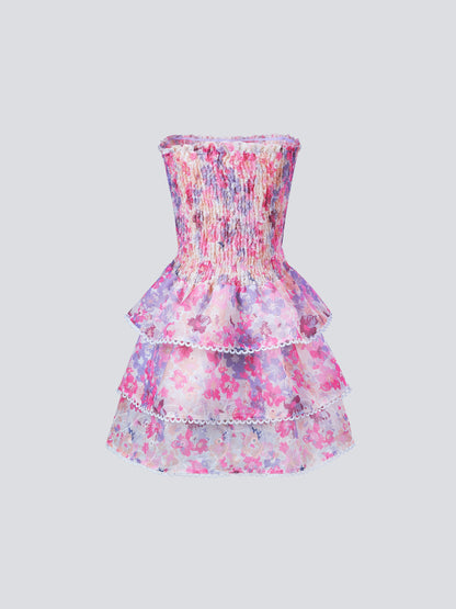 Selenea — Strapless Floral Mini Dress with Lace Trim