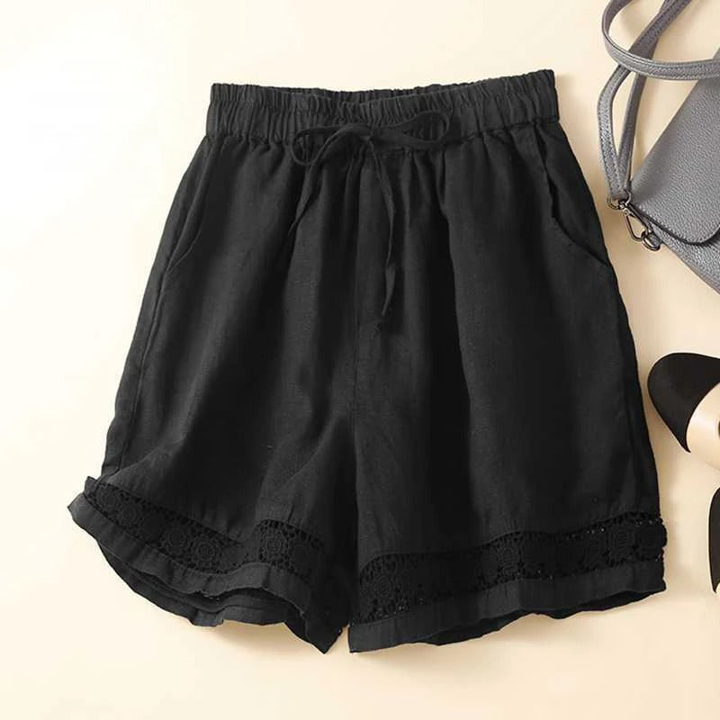 Liora — Lightweight Linen Shorts with Embroidered Lace Detail