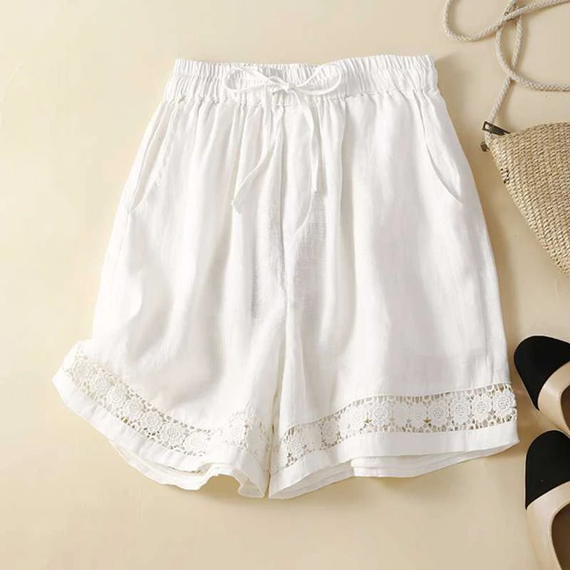 Liora — Lightweight Linen Shorts with Embroidered Lace Detail