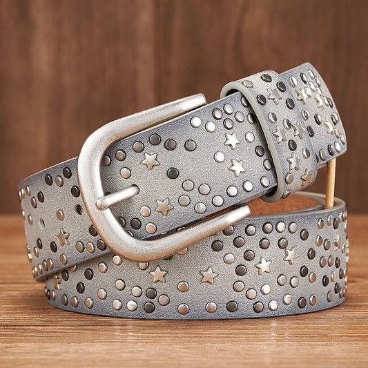 Liora — Genuine Leather Studded Belt with Star Accents