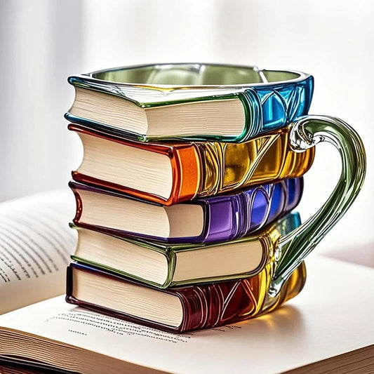 Aleron — 3D Acrylic Book Stack Coffee Mug with Stained-Glass Design