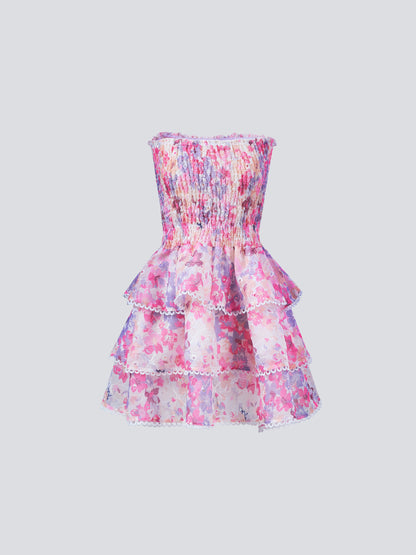 Selenea — Strapless Floral Mini Dress with Lace Trim