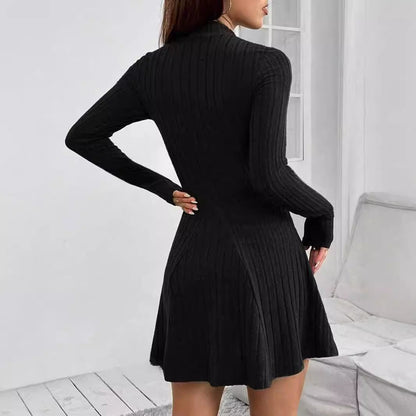 Lioren — Ribbed Mock Neck Dress with Flared Hem and Stretch Fit
