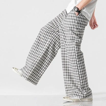 Larkford — Vintage Wide-Leg Check Trousers with Elastic Waistband