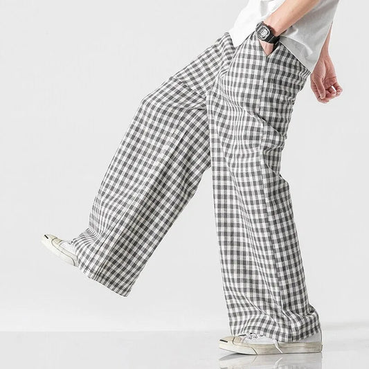 Larkford — Vintage Wide-Leg Check Trousers with Elastic Waistband