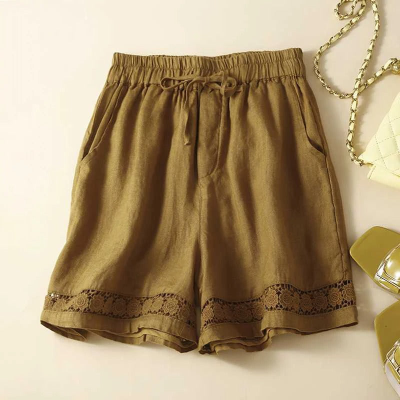 Liora — Lightweight Linen Shorts with Embroidered Lace Detail