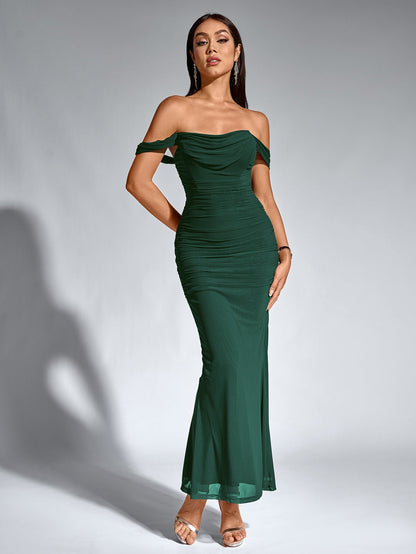 Vexira Off Shoulder Ruched Zipper Back Bodycon Dress