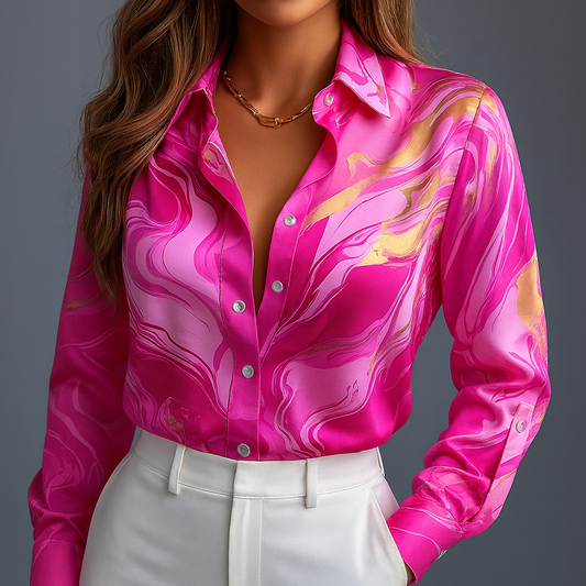 Madryn — Satin Silk Blend Button-Up Shirt with Marble Gloss Finish
