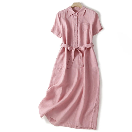 Liora Linen Dress — Breathable Collared Midi with Adjustable Belt