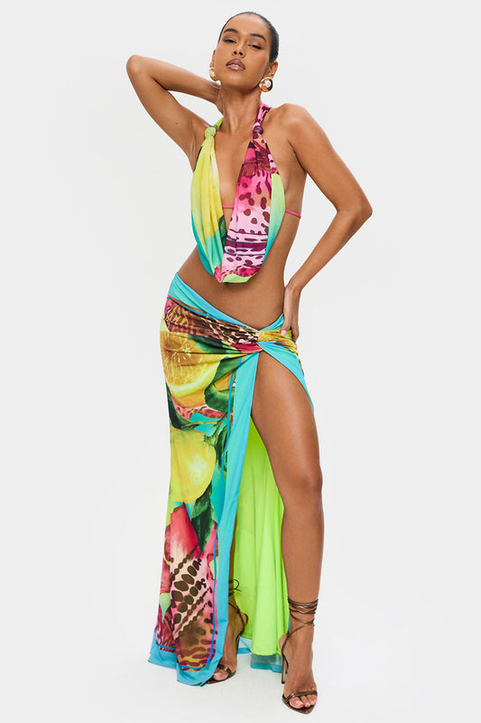 Elara Set — Women's Cowl Neck Top & Ruched Maxi Skirt with Tie Details