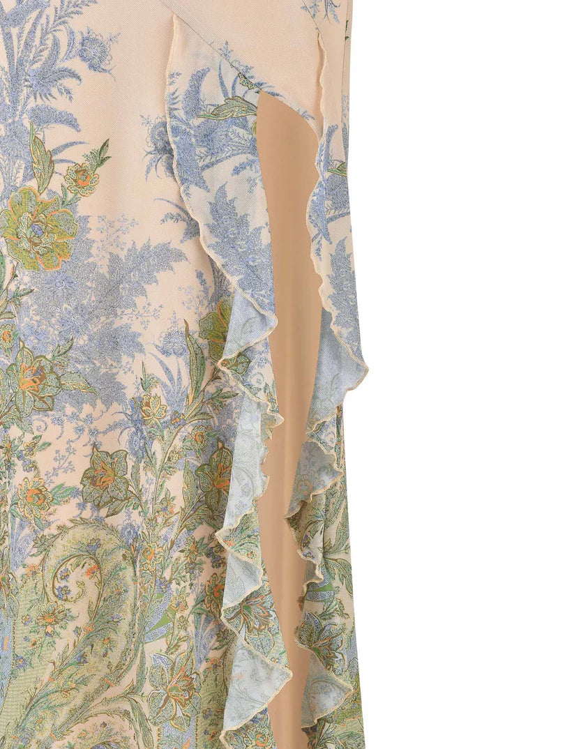 Elara Maxi Dress — Strapless Floral Ruched Dress with Ruffle Slit
