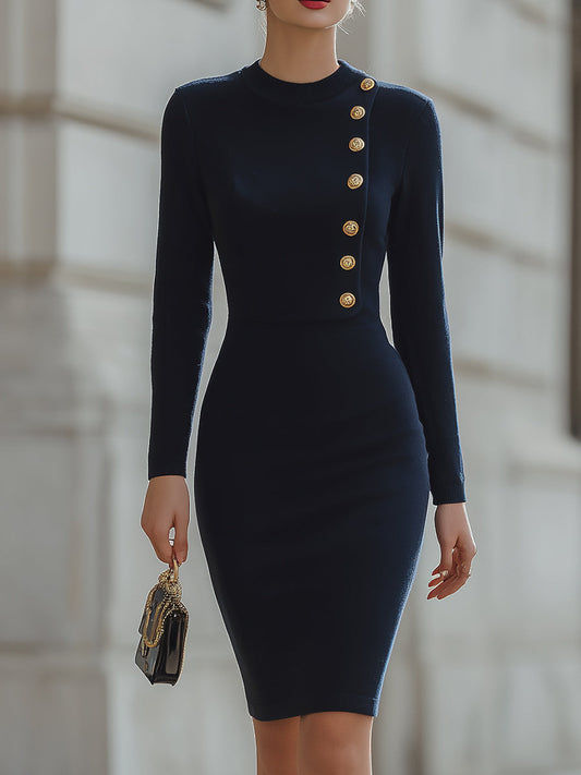 Selvia — Navy Bodycon Dress with Gold Button Accents for Elegant Wear