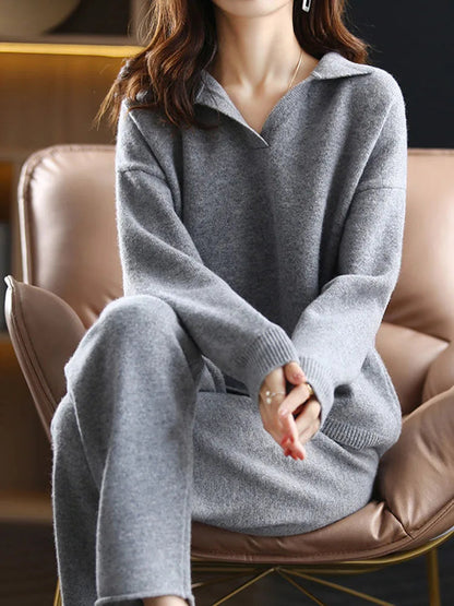 Liora — Cashmere Blend Polo Knit Two-Piece Set for Comfort