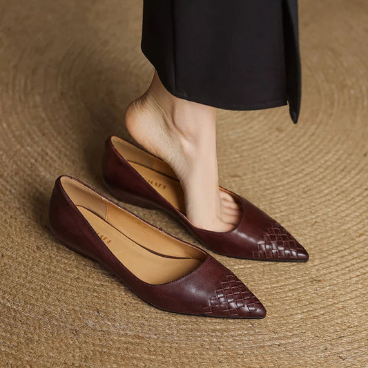 Emara Woven Leather Pumps — Genuine Leather Pointed Toe with Comfortable Wedge Heel