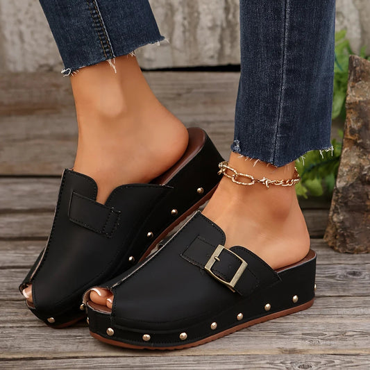 Liora — Women’s Vegan Leather Wedge Mules with Studded Sole