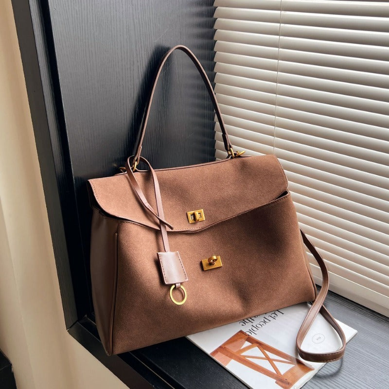 Liora Tote — Faux Suede Shoulder Bag with Turn Lock Closure