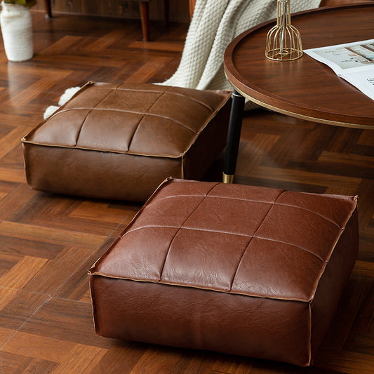 Liora Pouf — Moroccan Faux Leather Floor Cushion with Stitched Grid Design