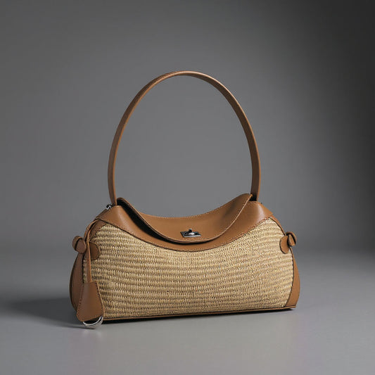 Lena — Handwoven Raffia and Leather Handbag with Turn Clasp Lock